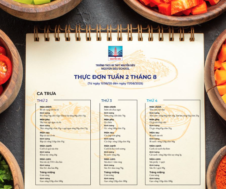 THỰC ĐƠN TUẦN 11/8 - 15/8/2025