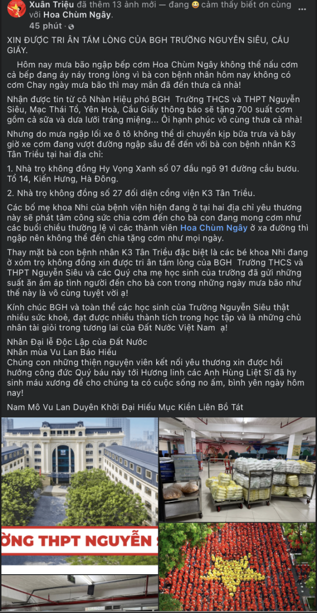 Cô Xuân Triệu chia sẻ trên facebook về việc phát các suất cơm do Trường Nguyễn Siêu gửi tặng cho các bệnh nhân viện K Tân Triều 